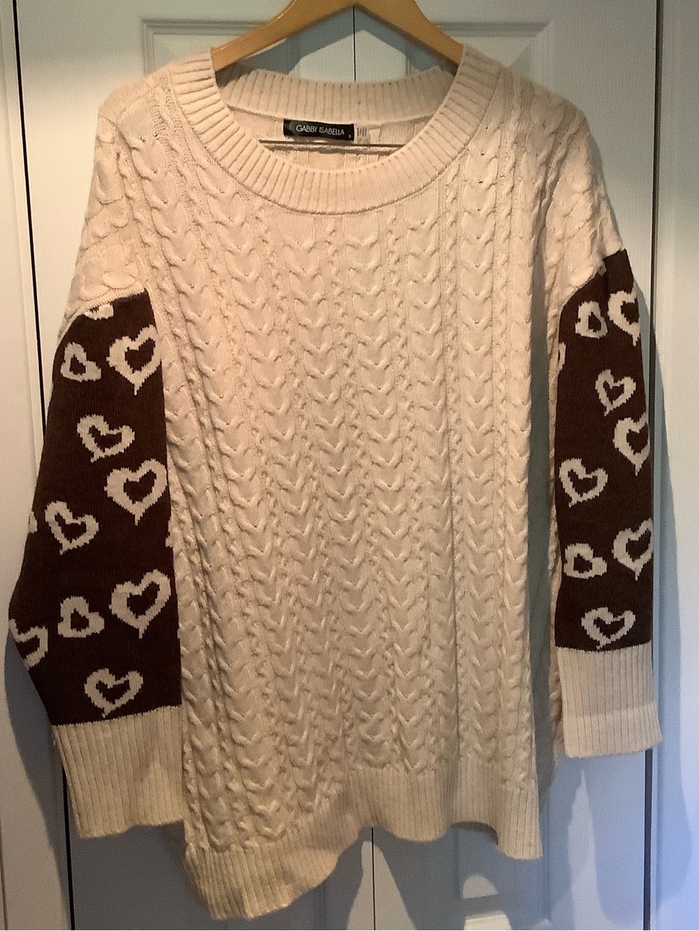 Cream Cable Knit Sweater with Brown Heart Sleeves oversize